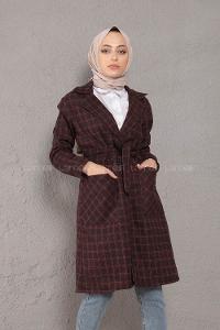 Modalamelif Kuşaklı Ekose Desen Uzun Ceket Siyah Bordo