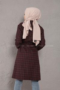 Modalamelif Kuşaklı Ekose Desen Uzun Ceket Siyah Bordo