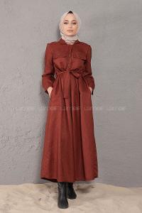 Modalamelif Önü Boydan Düğmeli Elbise Kiremit