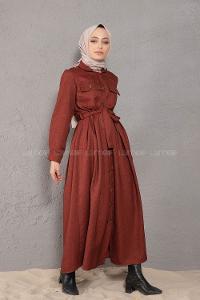 Modalamelif Önü Boydan Düğmeli Elbise Kiremit