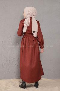 Modalamelif Önü Boydan Düğmeli Elbise Kiremit