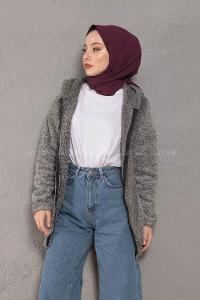 Modalamelif Önü Fermuarlı Peluş Mont Gri Siyah