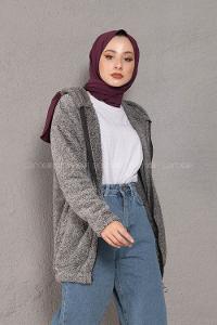 Modalamelif Önü Fermuarlı Peluş Mont Gri Siyah