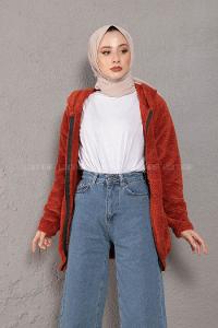 Modalamelif Önü Fermuarlı Peluş Mont Kiremit