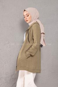 Modalamelif Önü Fermuarlı Triko Hırka Asker Yeşili