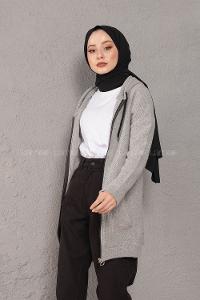 Modalamelif Önü Fermuarlı Triko Hırka Gri