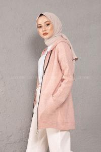 Modalamelif Önü Fermuarlı Triko Hırka Pudra
