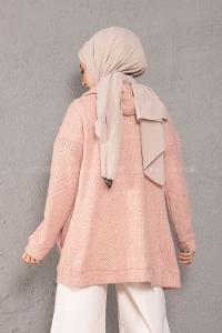 Modalamelif Önü Fermuarlı Triko Hırka Pudra