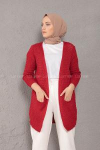 Modalamelif Selanik Cepli Triko Hırka Kırmızı