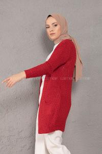 Modalamelif Selanik Cepli Triko Hırka Kırmızı