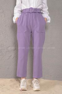 Modalamelif Üstten Cepli Pileli Kemerli Pantolon Lila
