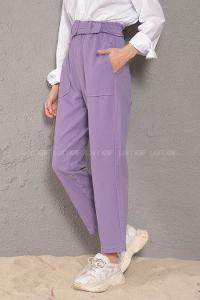 Modalamelif Üstten Cepli Pileli Kemerli Pantolon Lila