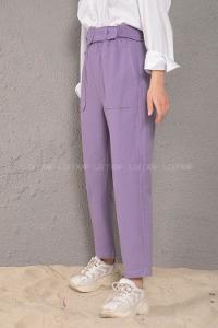 Modalamelif Üstten Cepli Pileli Kemerli Pantolon Lila