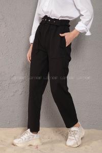 Modalamelif Üstten Cepli Pileli Kemerli Pantolon Siyah