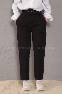 Modalamelif Üstten Cepli Pileli Kemerli Pantolon Siyah