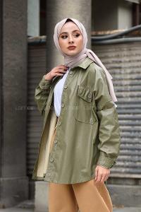Modalamelif Cepli Oversize Deri Gömlek Yeşil