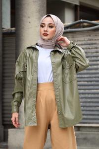 Modalamelif Cepli Oversize Deri Gömlek Yeşil