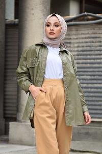 Modalamelif Cepli Oversize Deri Gömlek Yeşil