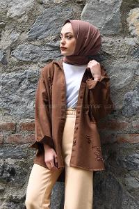 Modalamelif Kapşonlu Lazerli Kot Ceket Acı Kahve