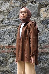 Modalamelif Kapşonlu Lazerli Kot Ceket Acı Kahve