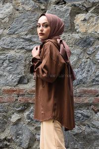 Modalamelif Kapşonlu Lazerli Kot Ceket Acı Kahve