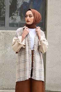 Modalamelif Kazayağı Desen Kol Kot Garnili Ceket Pudra