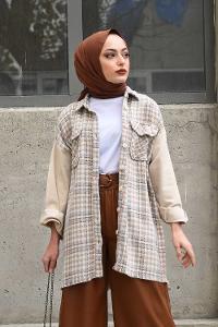 Modalamelif Kazayağı Desen Kol Kot Garnili Ceket Pudra