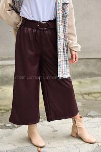 Modalamelif Kemerli Bol Paça Deri Pantolon Bordo