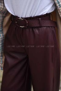 Modalamelif Kemerli Bol Paça Deri Pantolon Bordo