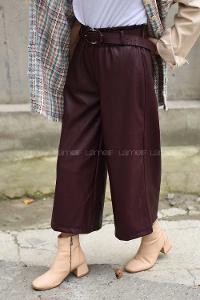 Modalamelif Kemerli Bol Paça Deri Pantolon Bordo