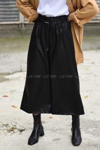 Modalamelif Kemerli Bol Paça Deri Pantolon Siyah