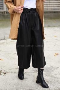 Modalamelif Kemerli Bol Paça Deri Pantolon Siyah