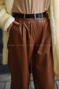 Modalamelif Kemerli Bol Paça Deri Pantolon Taba