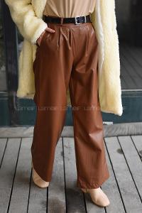 Modalamelif Kemerli Bol Paça Deri Pantolon Taba