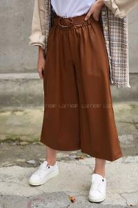 Modalamelif Kemerli Bol Paça Deri Pantolon Taba