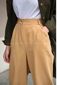 Modalamelif Paçası Çift Pensli Kot Pantolon Camel