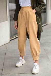 Modalamelif Paçası Çift Pensli Kot Pantolon Camel