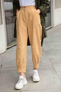 Modalamelif Paçası Çift Pensli Kot Pantolon Camel