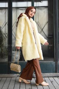 Modalamelif Yan Cepli Uzun Peluş Mont Ekru