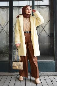 Modalamelif Yan Cepli Uzun Peluş Mont Ekru