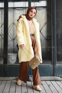 Modalamelif Yan Cepli Uzun Peluş Mont Ekru