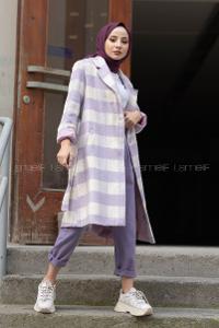 Modalamelif Belden Bağlamalı Ekose Kaşe Kaban Lila