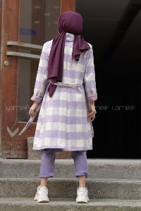 Modalamelif Belden Bağlamalı Ekose Kaşe Kaban Lila