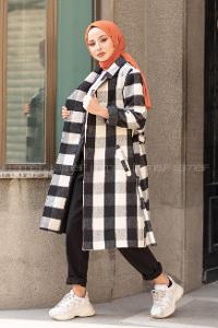 Modalamelif Belden Bağlamalı Ekose Kaşe Kaban Siyah