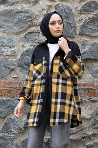 Modalamelif Çif Cepli Ekose Kadife Gömlek Siyah Hardal Sarısı