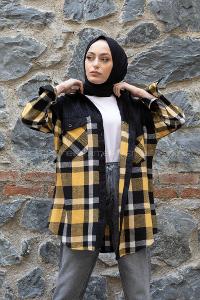 Modalamelif Çif Cepli Ekose Kadife Gömlek Siyah Hardal Sarısı