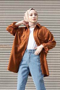 Modalamelif Çift Cepli Kadife Gömlek Taba