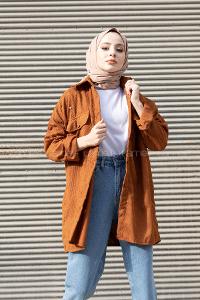 Modalamelif Çift Cepli Kadife Gömlek Taba