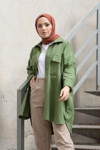 Modalamelif Çift Cepli Gabardin Gömlek Asker Yeşili