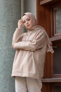 Modalamelif Dikiş Detaylı Kapşonlu Sweatshirt Bej